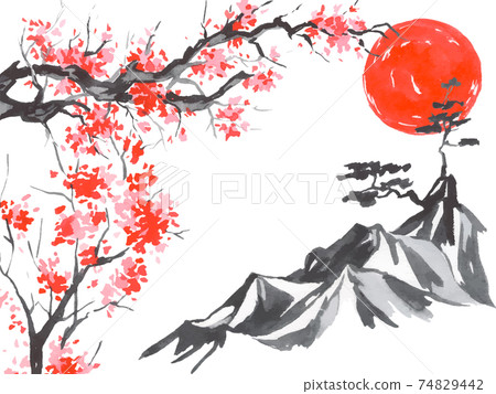 Japan traditional sumi-e painting. Fuji mountain, sakura, sunset. Japan sun. Indian ink vector illustration. Japanese picture. Japan traditional sumi-e painting. Fuji mountain, sakura, sunset. Japan sun. Indian ink vector illustration. Japanese picture. 74829442