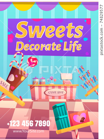 Candy shop flyer. Sweets decorate life concept Candy shop flyer. Sweets decorate life concept 74829577