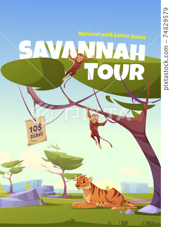 Savannah tour cartoon poster, zoo park invitation Savannah tour cartoon poster, zoo park invitation 74829579