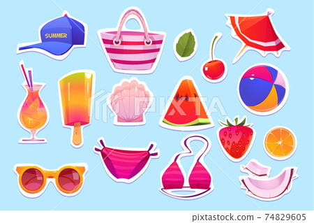 Cute summer stickers for girls, cartoon vector set 74829605