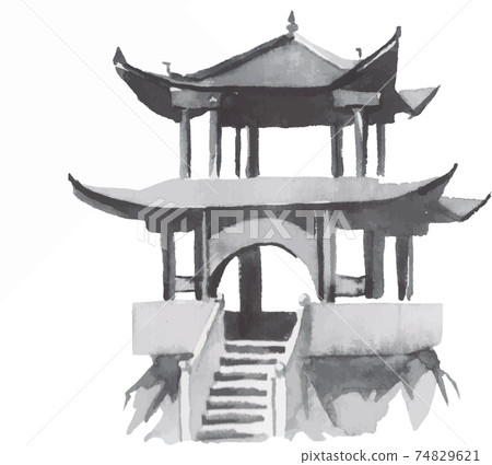 Japan traditional sumi-e painting. Fuji mountain, temple, sunset. Japan sun. Indian ink illustration. Japanese picture on rice paper. Vector drawing. Japan traditional sumi-e painting. Fuji mountain, temple, sunset. Japan sun. Indian ink illustration. Japanese picture on rice paper. Vector drawing. 74829621