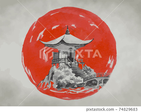 Japan traditional sumi-e painting. Fuji mountain, sakura, sunset. Japan sun. Indian ink illustration. Japanese picture on rice paper. Vector drawing. Japan traditional sumi-e painting. Fuji mountain, sakura, sunset. Japan sun. Indian ink illustration. Japanese picture on rice paper. Vector drawing. 74829683