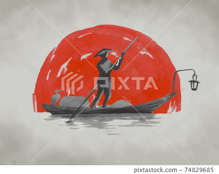 Japan traditional sumi-e painting. Fuji mountain, sakura, sunset. Japan sun. Indian ink illustration. Japanese picture on rice paper. Vector drawing. 74829685