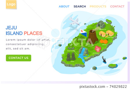 Jeju island places landing page template. Traveling to korea by landmarks icon map illustration 74829822