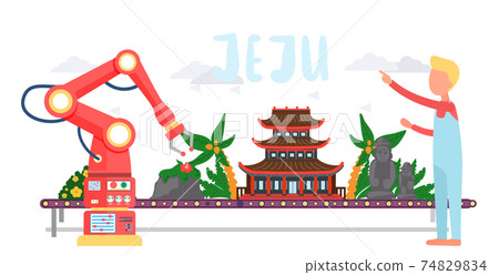 Line of elements Jeju island webpage. Traditional house, exotic plants, stone figures attraction Line of elements Jeju island webpage. Traditional house, exotic plants, stone figures attraction 74829834