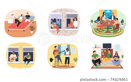 Set of illustrations about playing guitar and music at home. Guitarists with musical instruments Set of illustrations about playing guitar and music at home. Guitarists with musical instruments 74829861