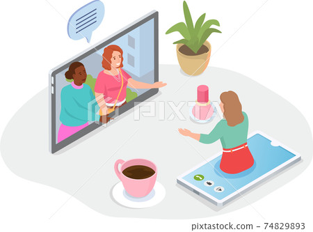 Video call with friend. Women communicating by phone and computer. Online conference virtual meeting 74829893