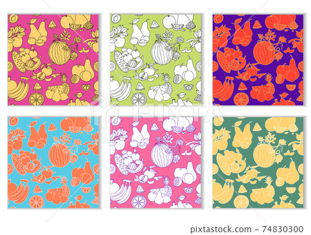 Set of seamless patterns with fruits, different colors, linear sketch hand drawn illustration, vector bright design for textile printing. 74830300