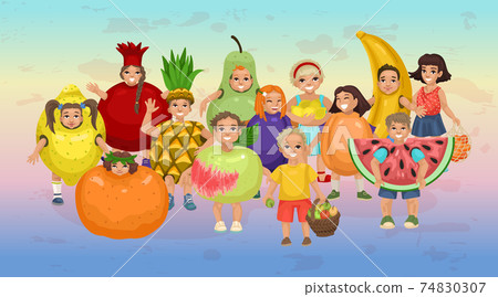 Children in fruit costumes. Set of characters. Crowd of cheerful preschoolers. Vector drawing illustration Children in fruit costumes. Set of characters. Crowd of cheerful preschoolers. Vector drawing illustration 74830307