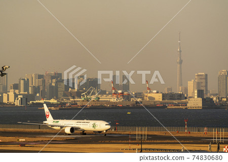Airport at dusk Takeoff plane and Tokyo Sky Tree Ota-ku, Tokyo 74830680