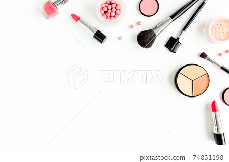 Professional decorative cosmetics, makeup tools on white background with copy space for text. Flat composition beauty, fashion. flat lay, top view 74831198