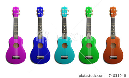 Ukulele realistic vector illustration. Set of acoustic classic hawaiian guitar with four strings in different colors 74831946