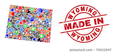 Engineering Collage Wyoming State Map and Made in Scratched Rubber Stamp 74832047