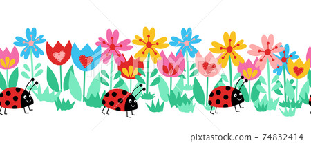 Seamless kids vector border ladybugs and flowers. Cute floral animal repeating horizontal pattern Seamless kids vector border ladybugs and flowers. Cute floral animal repeating horizontal pattern 74832414