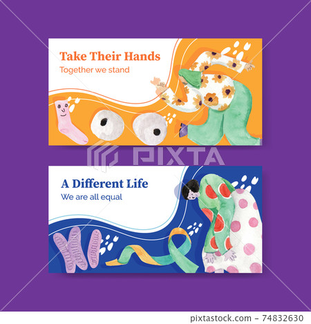 Twitter template with world down syndrome day concept design for social media and community watercolor illustration 74832630