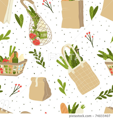 Textile and paper bags with botanics elements seamless pattern. Eco friendly life style background.  Zero waste shopping. Vector flat cartoons illustration. 74833407