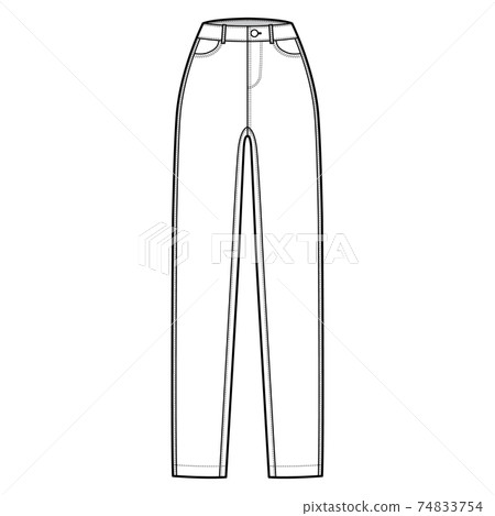 Skinny Jeans Denim pants technical fashion illustration with full length, normal waist, high rise, 5 pockets, Rivets 74833754