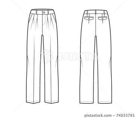 Pants tailored technical fashion illustration with low waist, rise, slant slashed flap pockets, double pleat, belt loops 74833791