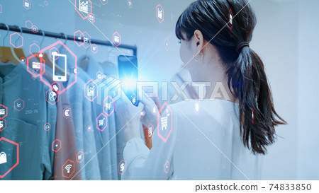 A woman who scans products with a smartphone AR RaaS 74833850