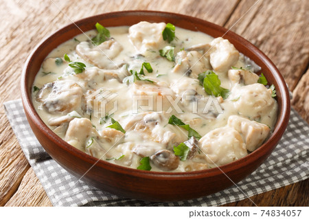 Ciulama chicken fricassee with white creamy sauce roumanian recipe  closeup in the plate. Horizontal 74834057