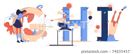 Capital sport letters. G for golf, H for hurdling and I for indiaca. Woman training, playing and having fun for healthy lifestyle 74835457