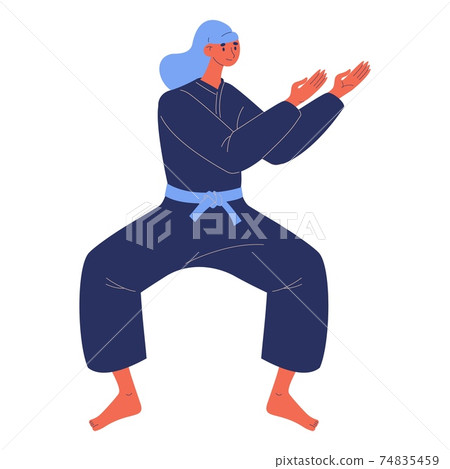 Woman in black kimono training ninjutsu isolated on white. Vector lovely character drawn in cartoon style Woman in black kimono training ninjutsu isolated on white. Vector lovely character drawn in cartoon style 74835459