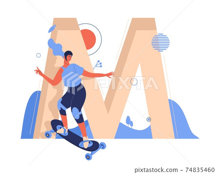 Woman on skateboard while mountainboarding ride. Large letter M on background. Extreme sport and healthy lifestyle illustration Woman on skateboard while mountainboarding ride. Large letter M on background. Extreme sport and healthy lifestyle illustration 74835460