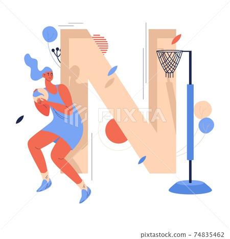 Woman playing netball with ball in hands. Concept illustration with goal point and large capital letter N. Cartoon character in sport uniform dress Woman playing netball with ball in hands. Concept illustration with goal point and large capital letter N. Cartoon character in sport uniform dress 74835462