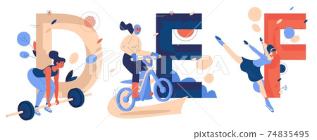 Letters D for deadlifting, E for enduro sport racing, f for figure skating vector collection. Concept illustrations good for logo and school design 74835495