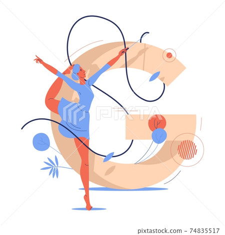 Young woman training gymnastics with ribbon. Large letter G and female character drawn in blue and orange. Healthy lifestyle and beauty concept drawn in cartoon style Young woman training gymnastics with ribbon. Large letter G and female character drawn in blue and orange. Healthy lifestyle and beauty concept drawn in cartoon style 74835517