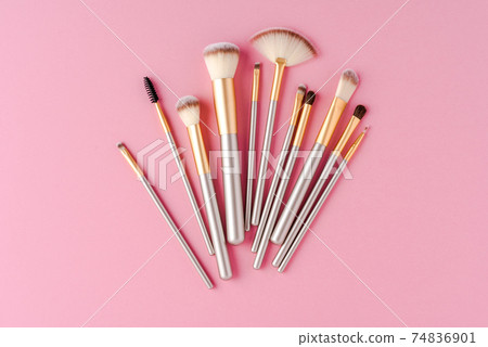 Collection of make up brushes. Flat lay 74836901