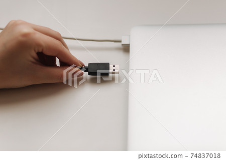 Female hand put USB adapter to copy file by laptop 74837018