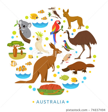 Birds and animals of Australia in round design. 74837494