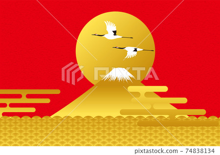 富士山，日本鶴，日出和青海浪。插圖背景素材 74838134