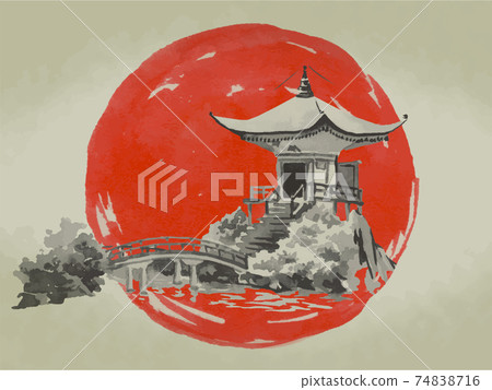 Japan traditional sumi-e painting. Fuji mountain, sakura, sunset. Japan sun. Indian ink illustration. Japanese picture on rice paper. Vector drawing. Japan traditional sumi-e painting. Fuji mountain, sakura, sunset. Japan sun. Indian ink illustration. Japanese picture on rice paper. Vector drawing. 74838716