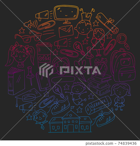 Vector pattern with school icons. Internet education, e-learning. Digital technology. 74839436