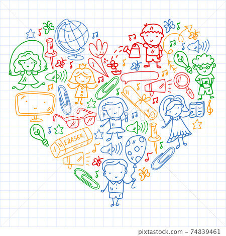 Vector pattern with items for school. Online internet education, e-learning. 74839461