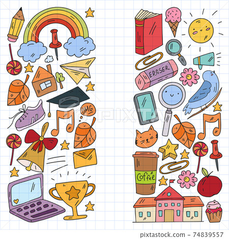 Vector illustration. Back to school vector pattern. Textile fabric design, wrapping paper and website wallpapers. 74839557