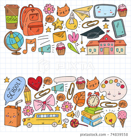 Vector illustration. Back to school vector pattern. Textile fabric design, wrapping paper and website wallpapers. 74839558