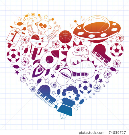 Vector pattern with toys for kids. Car, ufo, alien, airplane, teddy bear. 74839727