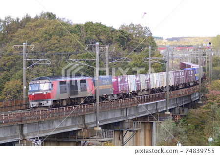 A freight train that accelerates by raising engine exhaust from the roof 74839755