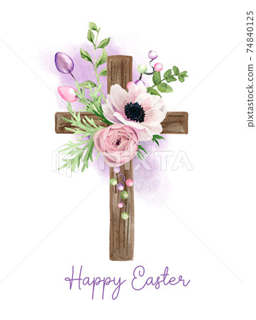 Easter christian cross with floral elements, easter decoration Easter christian cross with floral elements, easter decoration 74840125