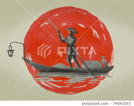 Japan traditional sumi-e painting. Fuji mountain, sakura, sunset. Japan sun. Indian ink illustration. Japanese picture on rice paper. Vector drawing. Japan traditional sumi-e painting. Fuji mountain, sakura, sunset. Japan sun. Indian ink illustration. Japanese picture on rice paper. Vector drawing. 74841055