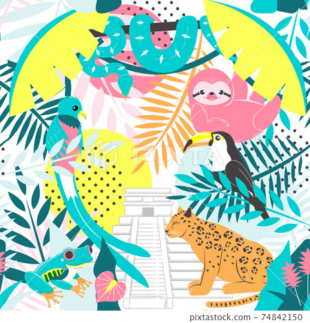 雨林動物和考古遺址的無縫圖案材料 74842150