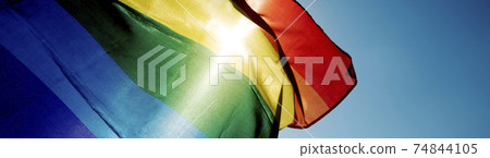 rainbow flag waving on the sky, web banner 74844105