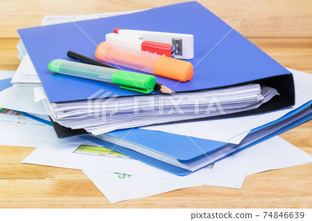 pencil, paper sheeet, folder file,graph sheet, Color highlight pen concept Office equipment 74846639