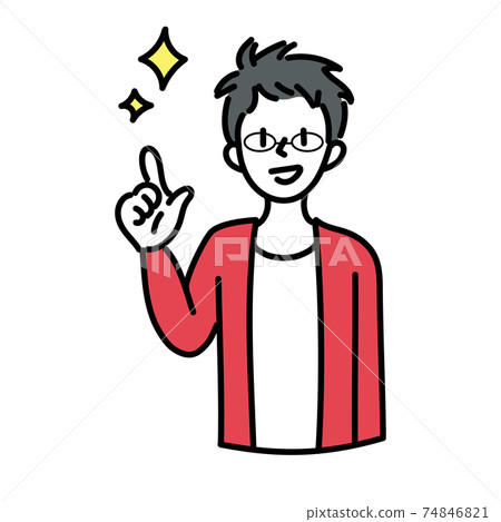 一個年輕人的上半身，他的手指帶著微笑 74846821