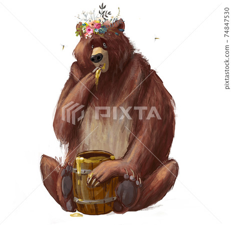 cute cartoon bear with barrel of honey 74847530