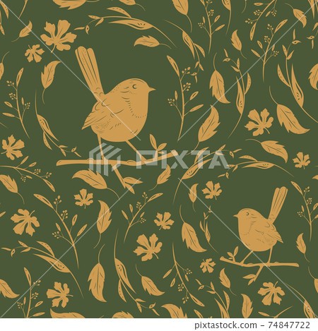 Seamless floral pattern with birds - Stock Illustration [74847722] - PIXTA