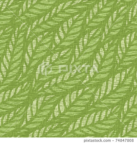Seamless background with a floral motif. Bright green leaves, grass, branches. The texture of burlap, coarse weaving, linen, canvas. Square repeating print of wallpaper, textiles, wrapping paper, web. Seamless background with a floral motif. Bright green leaves, grass, branches. The texture of burlap, coarse weaving, linen, canvas. Square repeating print of wallpaper, textiles, wrapping paper, web. 74847808